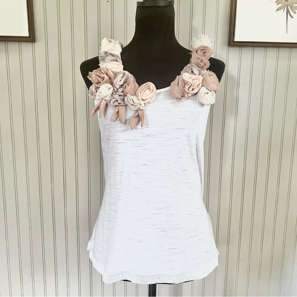 Anthropologie One September 3D Floral Trim Exaggerated Neckline White Tan
